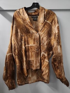 Vtg Escada Margaretha Ley Sz 42 Brown Snakeskin Wood Patchwork Silk Blouse Flowy